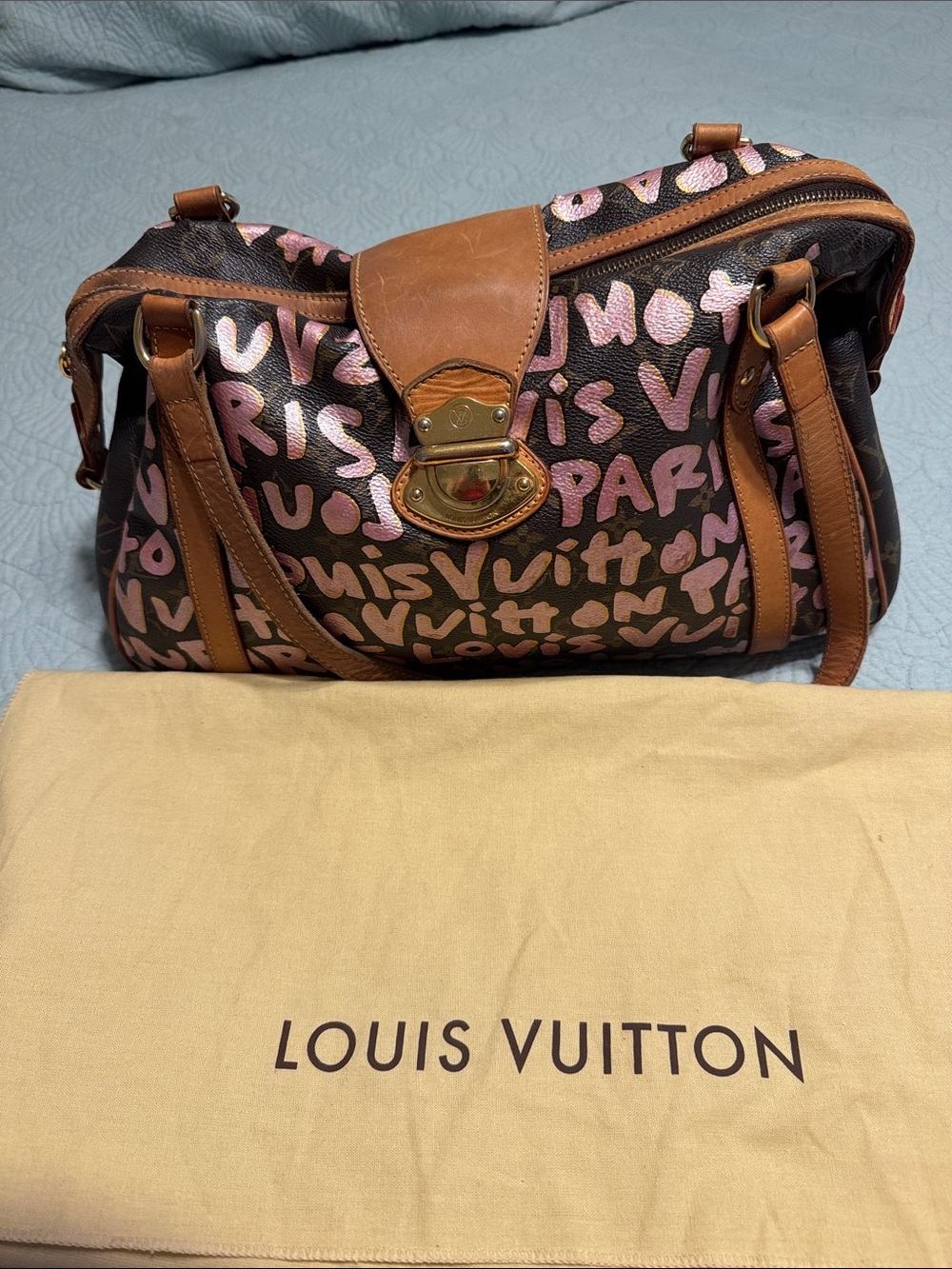 Louis Vuitton Brown Canvas Satchel with Pink Graffiti